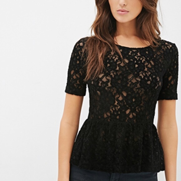 Forever 21 Tops - Forever 21 Black Lace Peplum Top with Gold Zipper